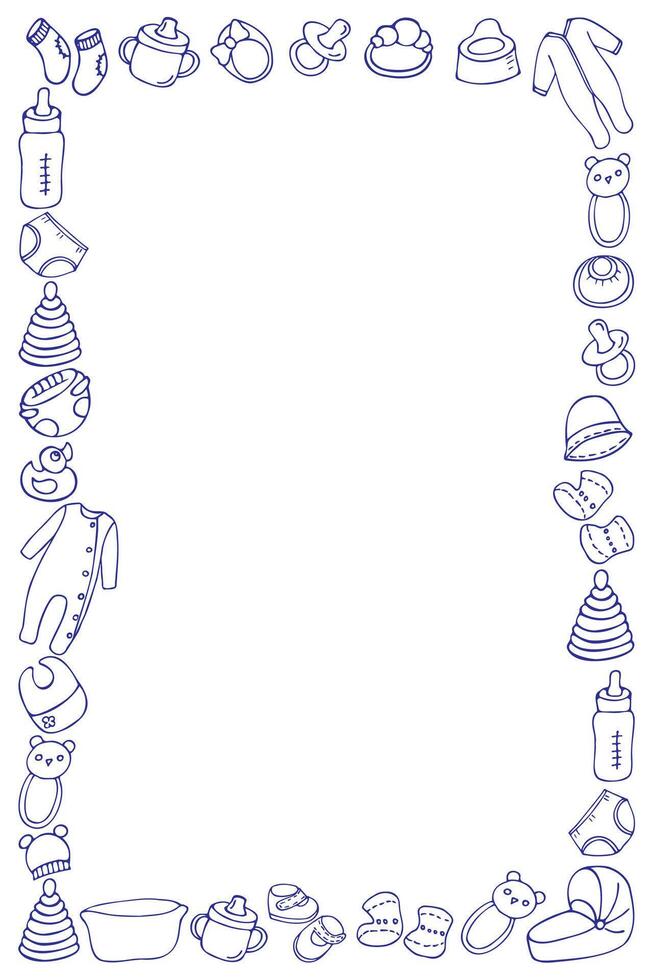 Vertical frame with images of children's cracks and toys, hand drawn in cardboard style. vector
