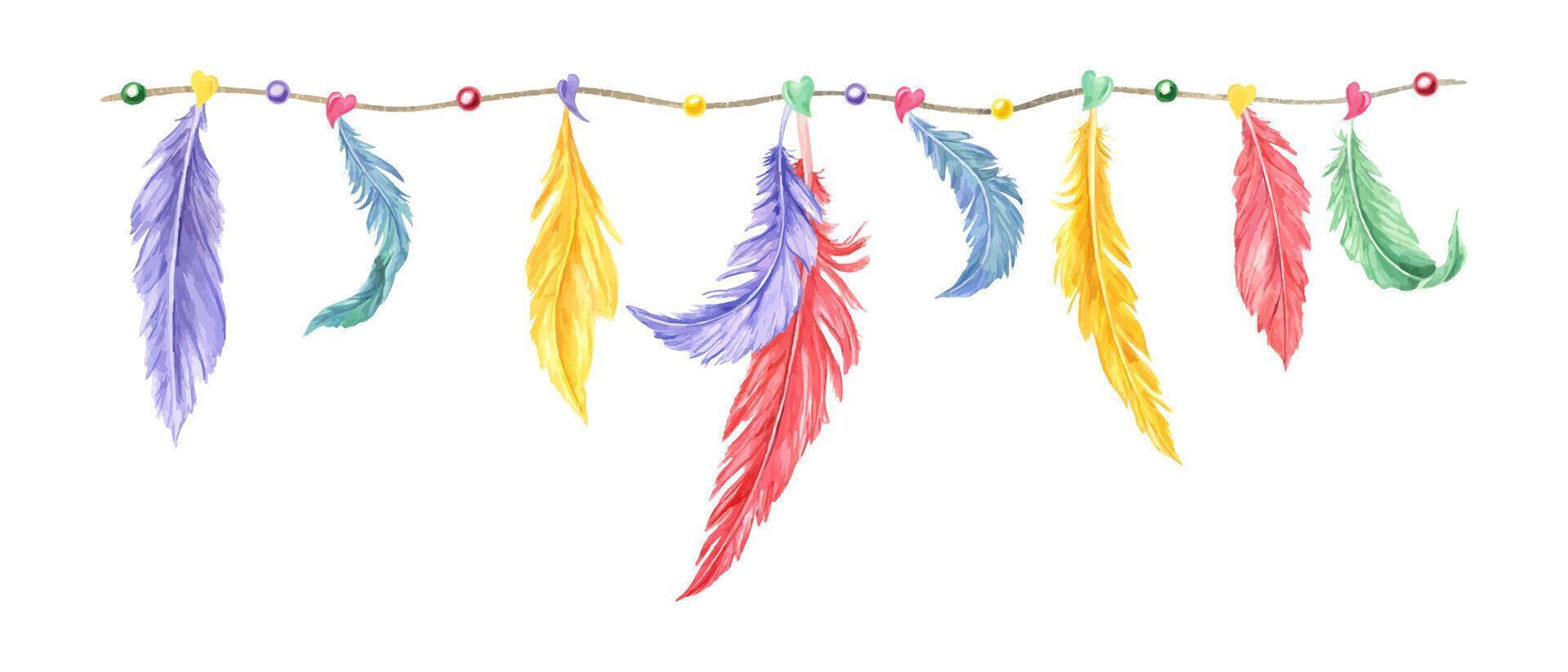 Watercolor multicolored fluffy feather plumage, hearts and beads hanging on string illustration. Hand drawn Mardi Gras carnival garland with accessories for party design, print, package decor vector
