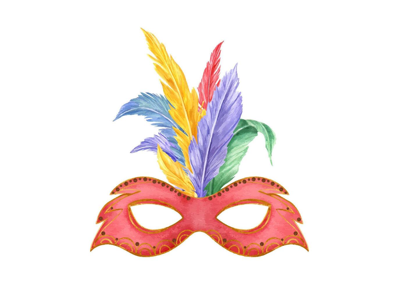 Watercolor decorative masquerade red mask with golden ornament and colorful bird feathers illustration. Mardi gras festival attribute for carnival parade. Greeting cards, poster, invitation vector