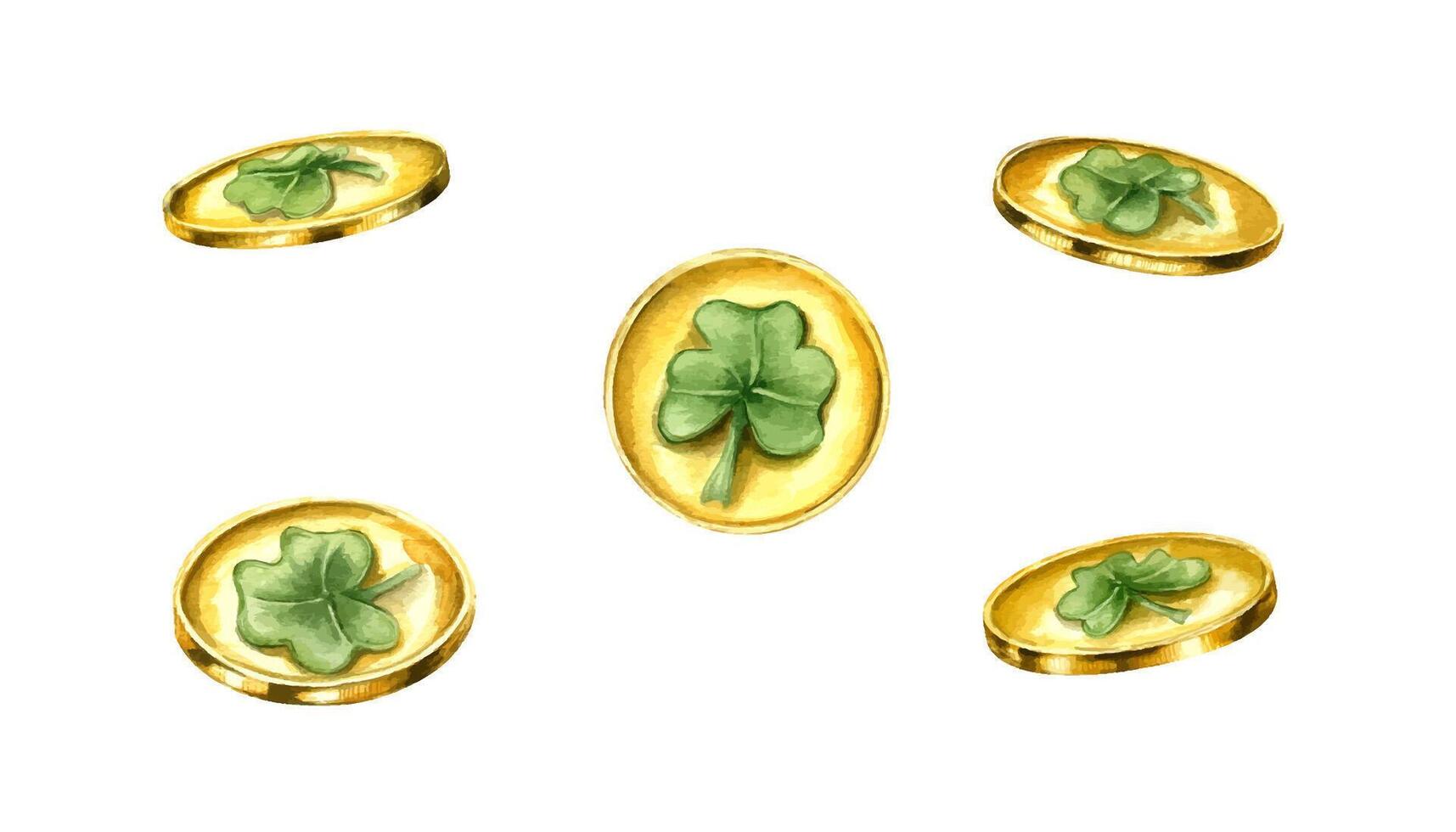 Patrick day golden coins with green clover leaf watercolor hand painted illustration. Traditional attribute with shamrock from different angles. Elements for poster decor, invitation design vector
