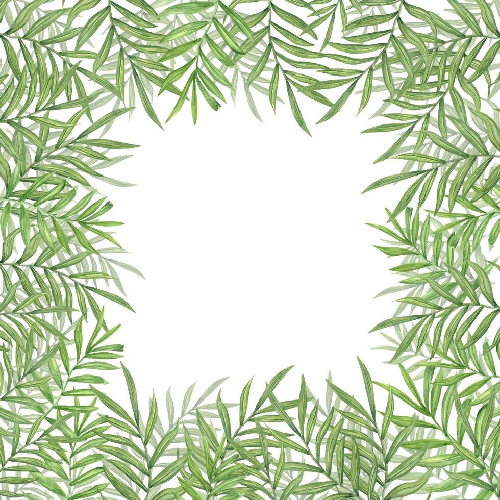 Tropical leaves watercolor frame with copy space for text. Jungle bamboo branches with green leaves summer illustration. Floral border for greeting card, wedding invitation, package design vector