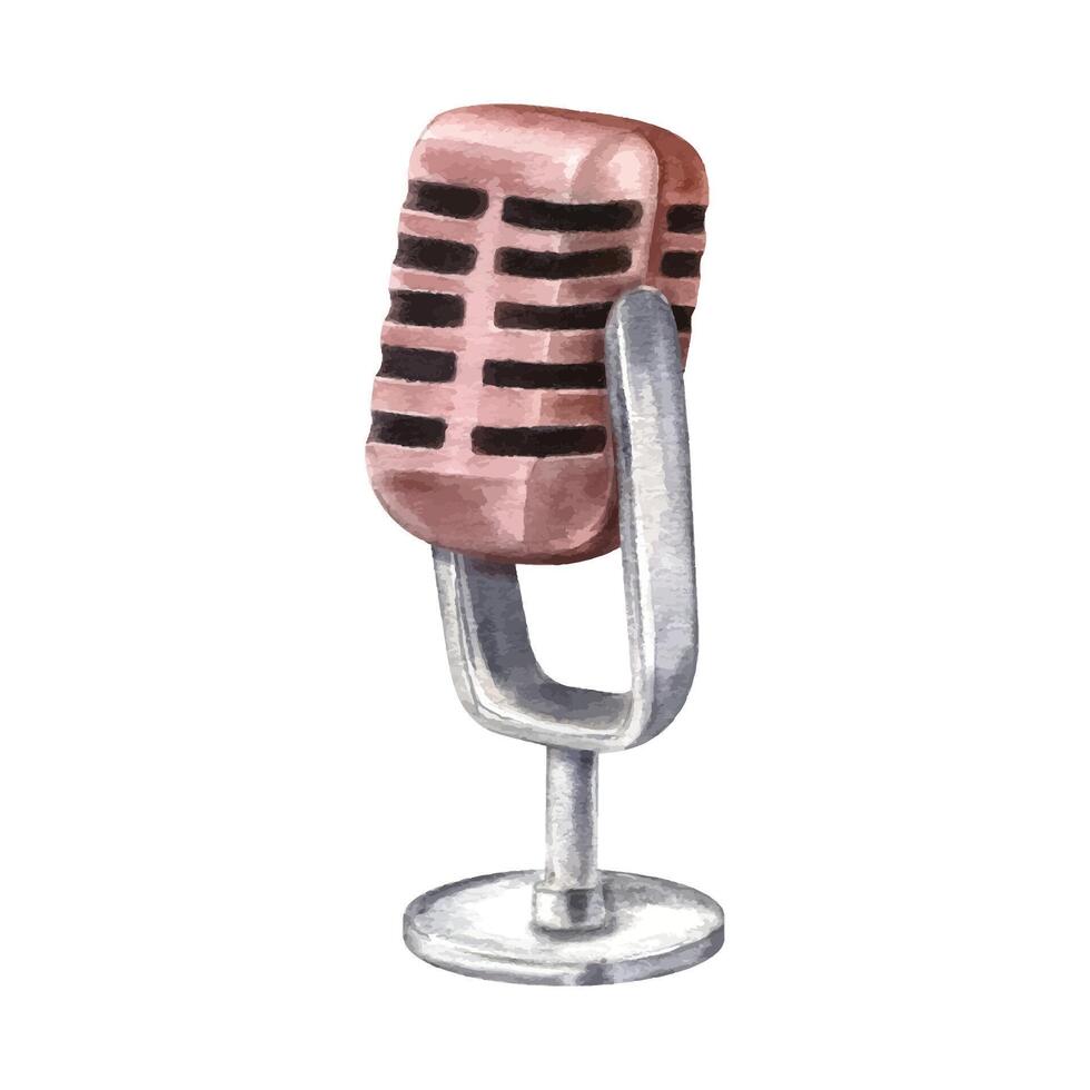 Retro brown music microphone on metal stand watercolor illustration. Audio equipment for radio broadcasting, concerts, sound recordings. Side view. Musical concept for poster, festival flyer design vector