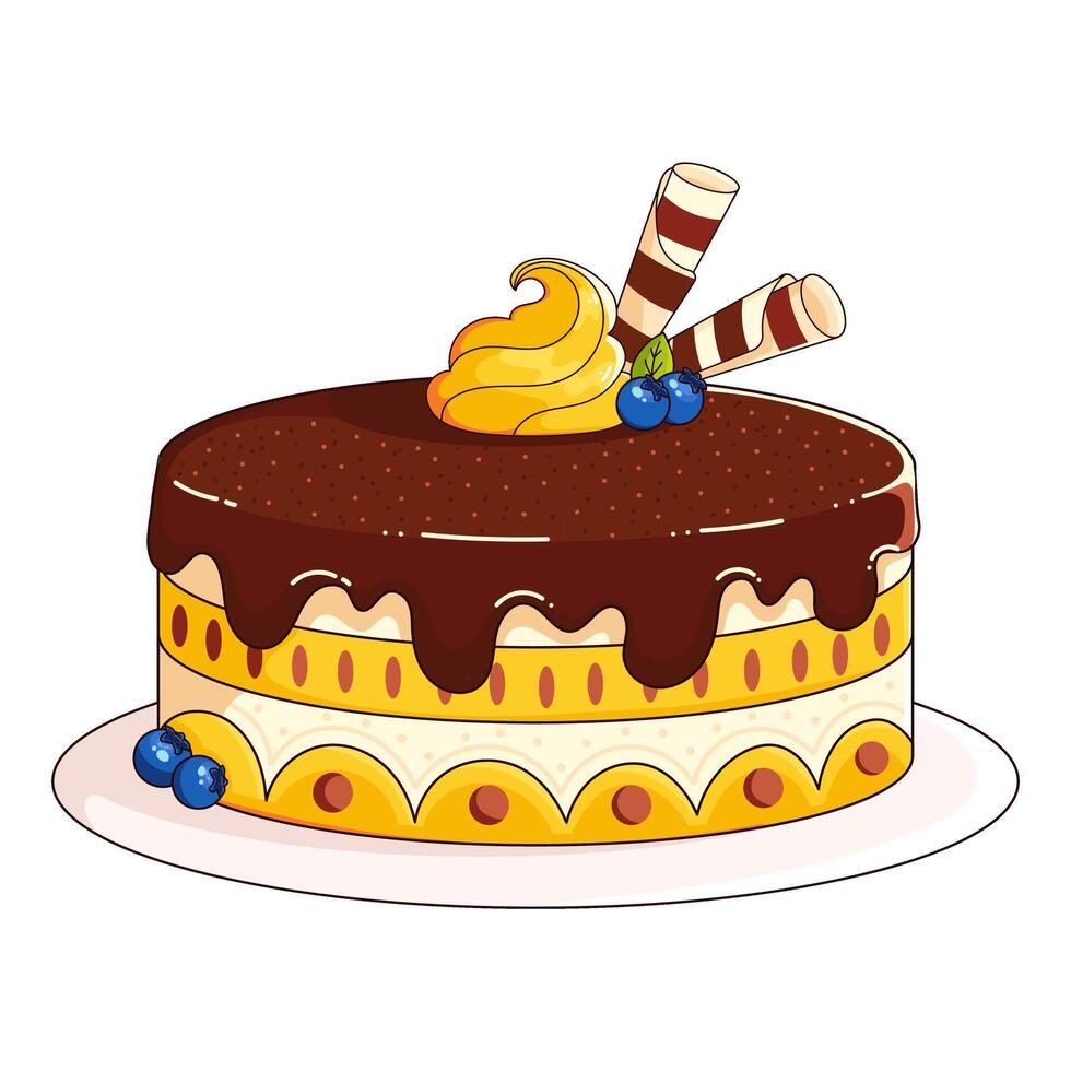 Cartoon Yellow Cake with Chocolate Topping, Blueberries, and Yellow Cream for Kids vector