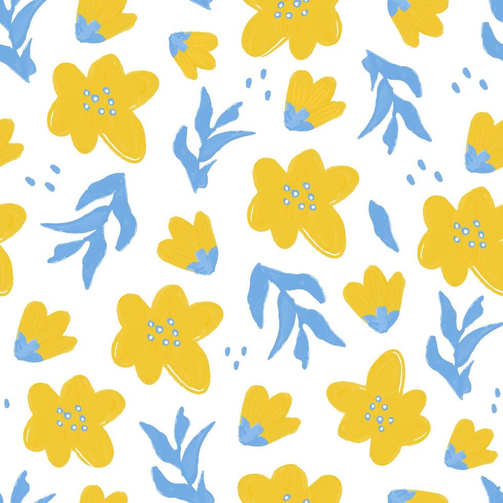 Seamless Floral Pattern with Yellow Flowers and Blue Leaves on White Background vector