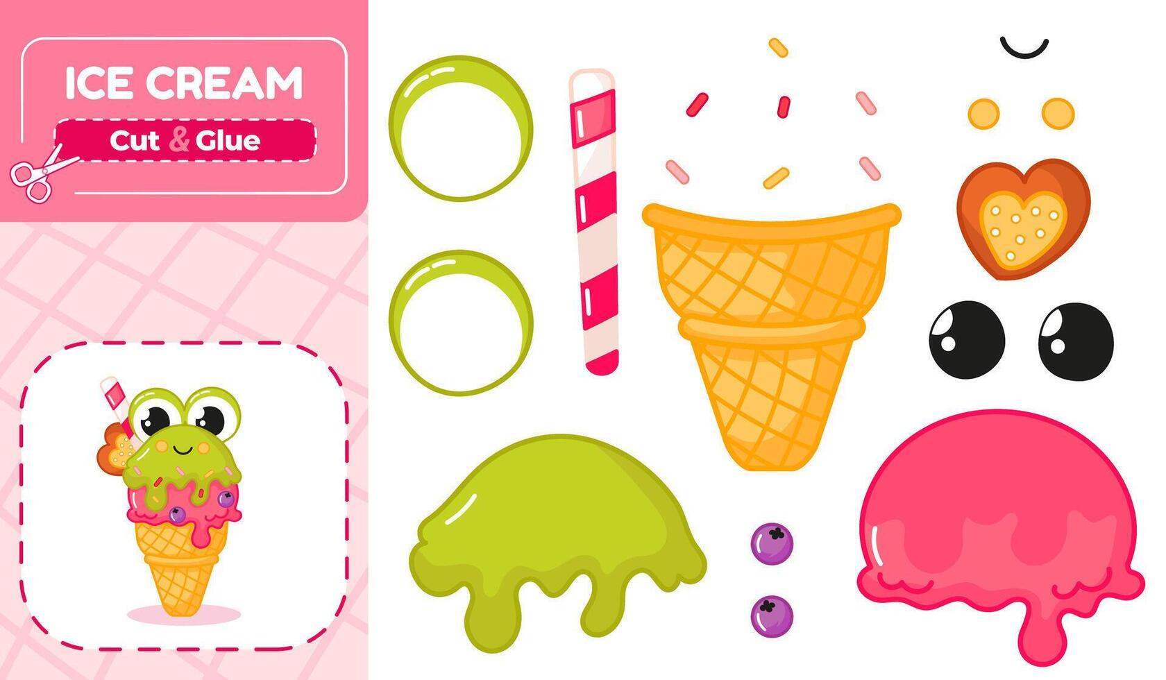 Printable Cut and Glue Game for Kids to Assemble Frog Shaped Ice Cream vector