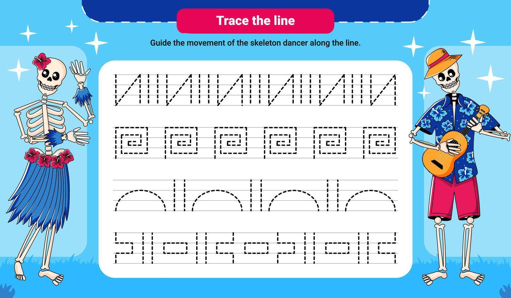 Trace the Line Handwriting Practice Worksheet with Skeleton Dancer Character for Preschool Kids vector