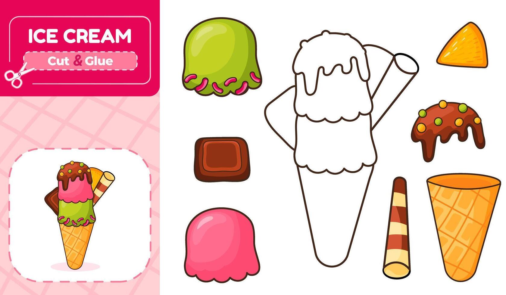 Printable Cut and Glue Game for Kids to Assemble Ice Cream vector