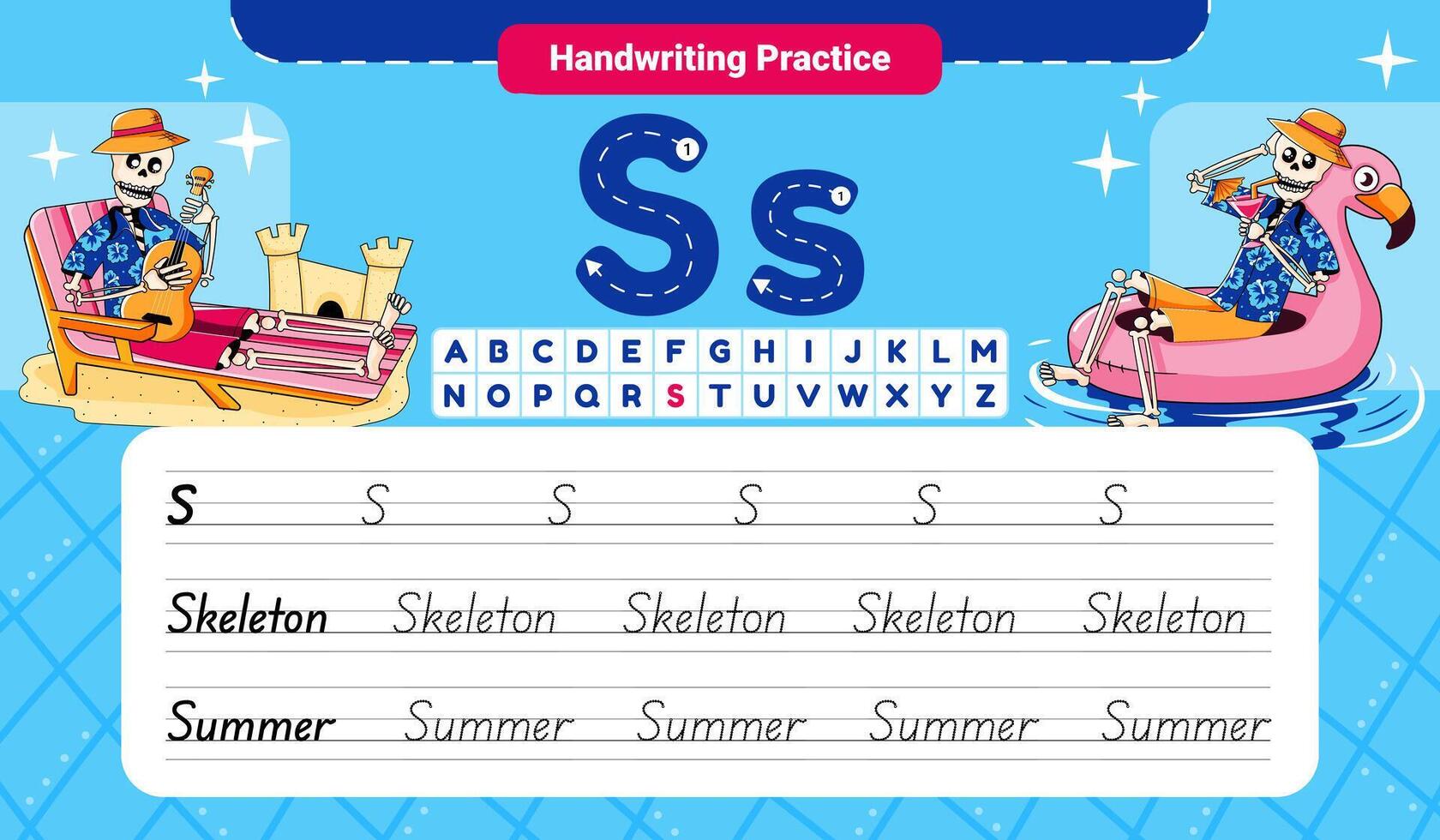 S Letter Handwriting Practice Worksheet with Skeleton Dancer Character for Preschool Kids vector