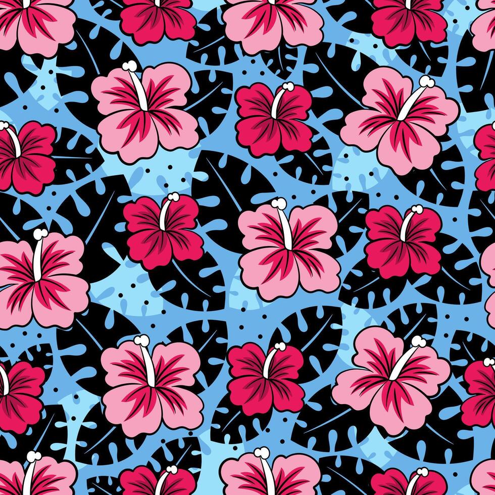 Seamless Tropical Pattern with Pink Flowers and Blue Black Leaves on Blue Background vector