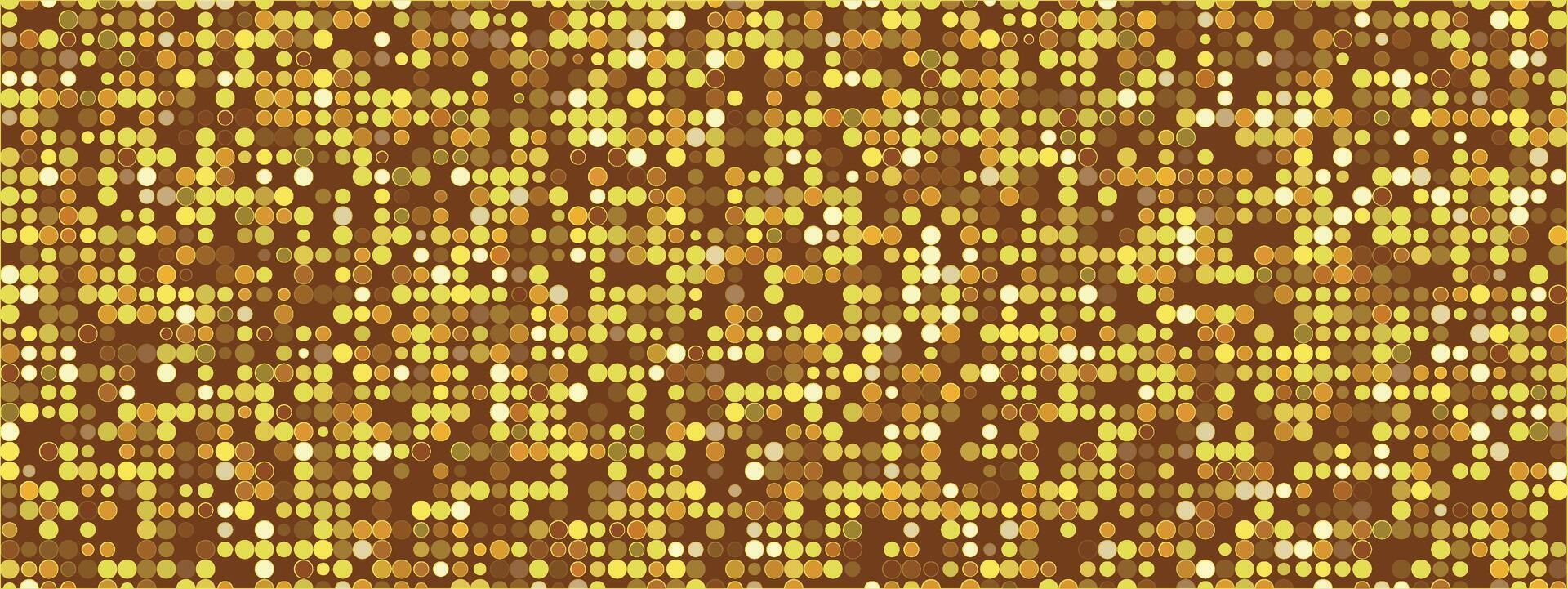 Gold glitter glowing mosaic background. Nightclub tiled wall texture. Disco ball at a party. shining illustration made of yellow circles. Retro template for poster, wallpaper, postcard, cover. vector