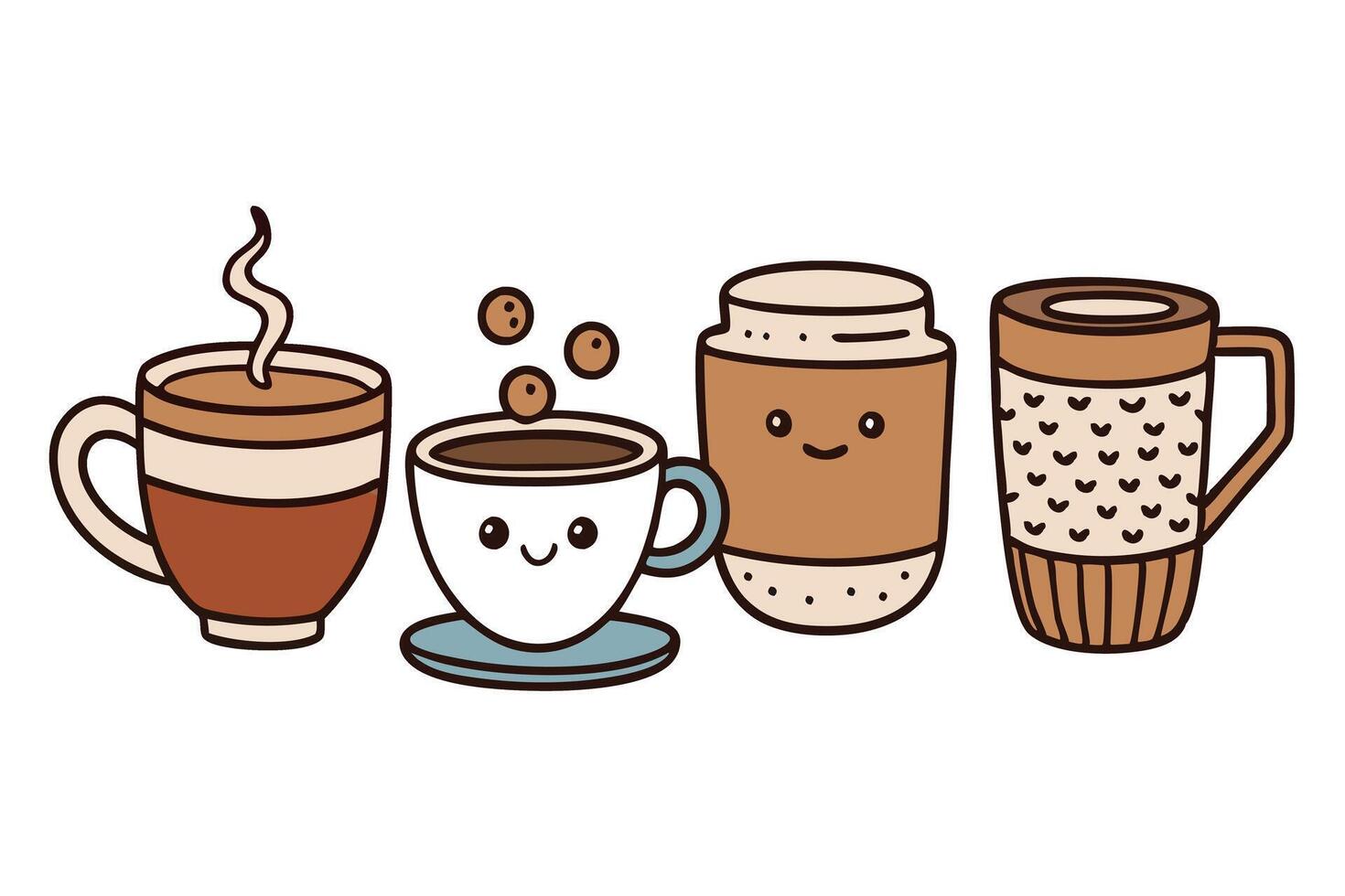 Adorable hand drawn illustration of coffee cups with happy faces, perfect for cute designs, branding, or food related projects vector