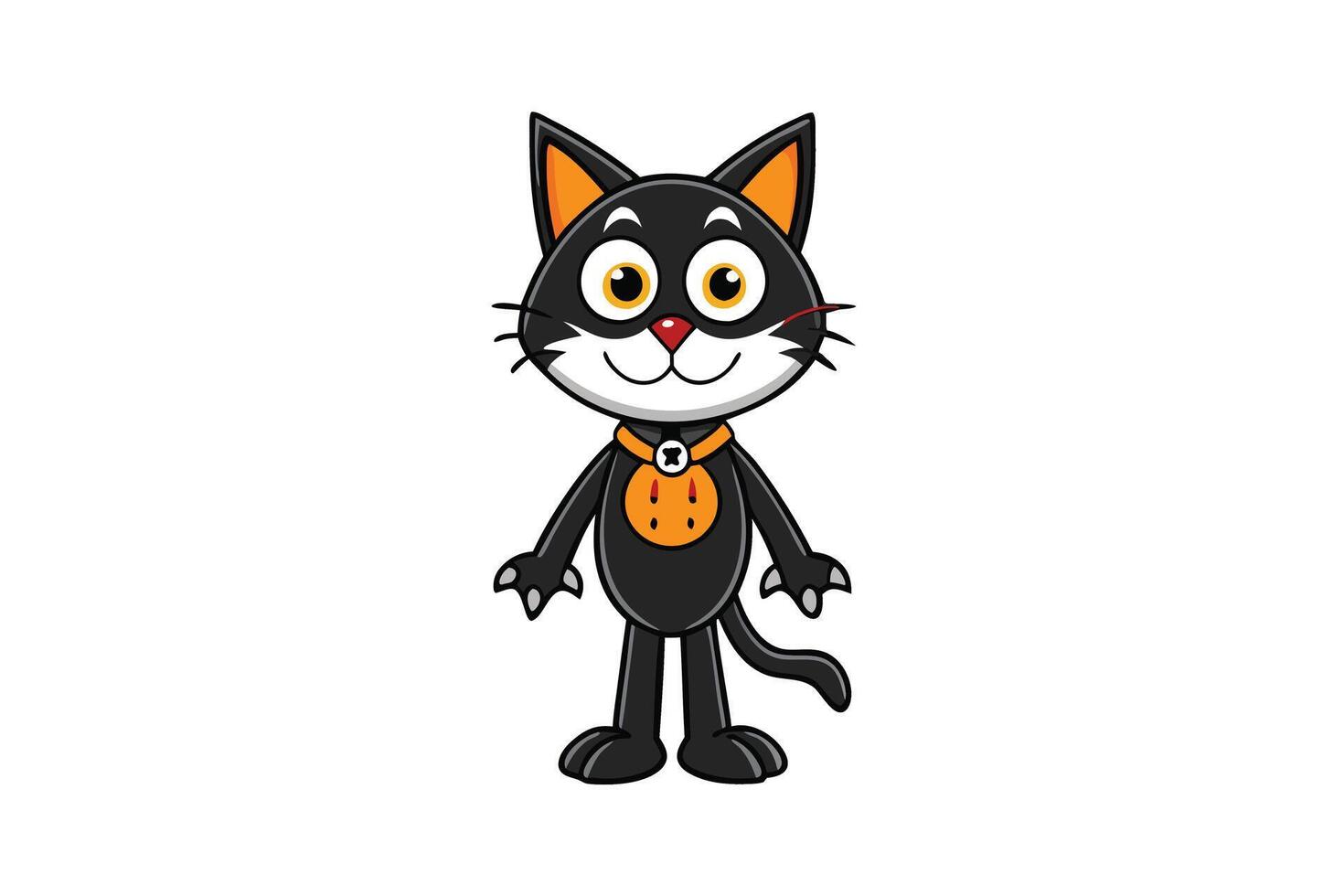 Cheerful Halloween black cat cartoon character, standing upright with vibrant accents and playful pose on white background vector