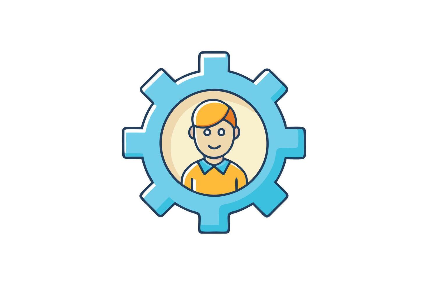 Human figure in a gear icon, colorful representation for user preferences, technical settings, or system management themes vector