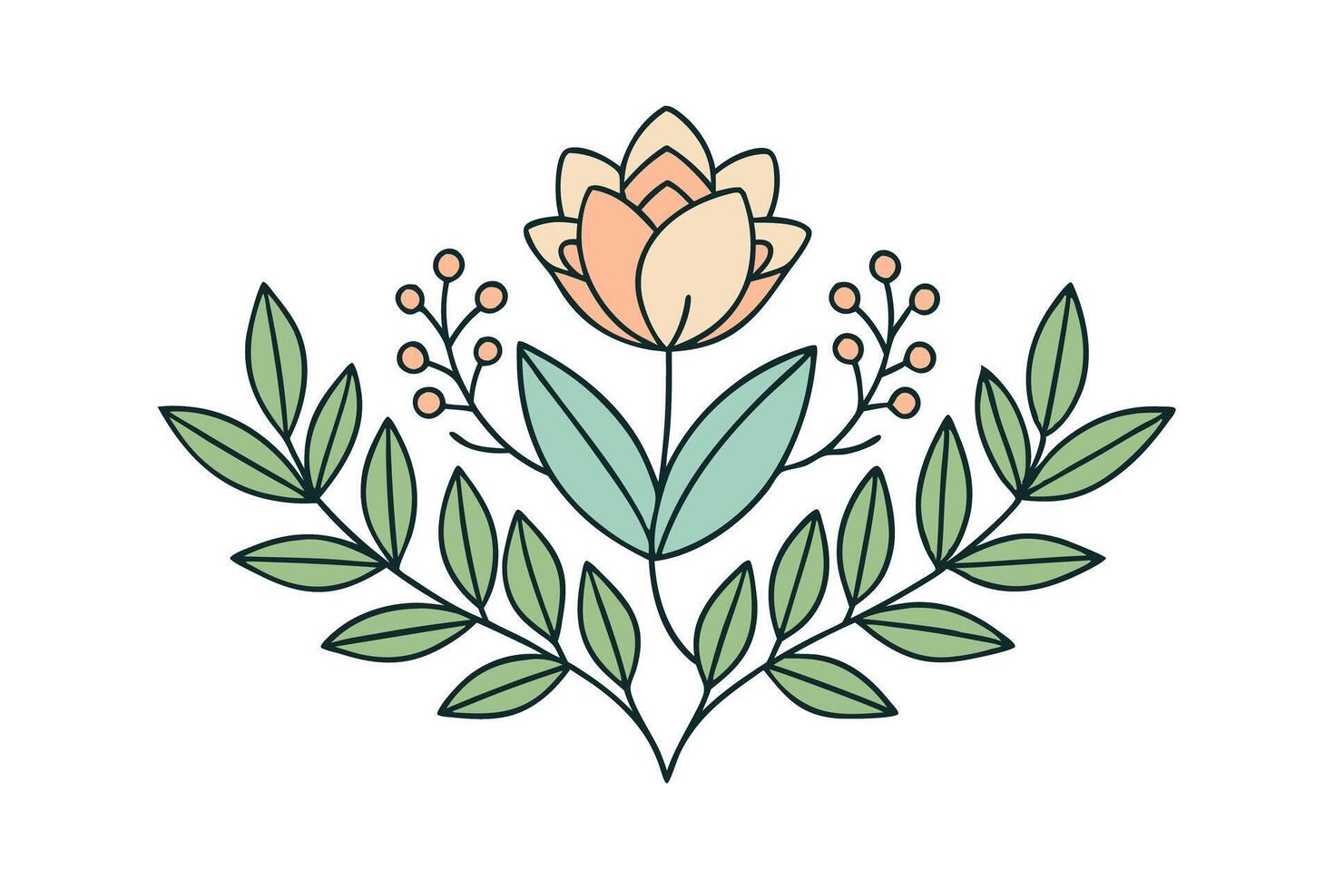 Elegant artwork of a floral arrangement with balanced leafy branches and central blooming flowers in minimalistic style vector