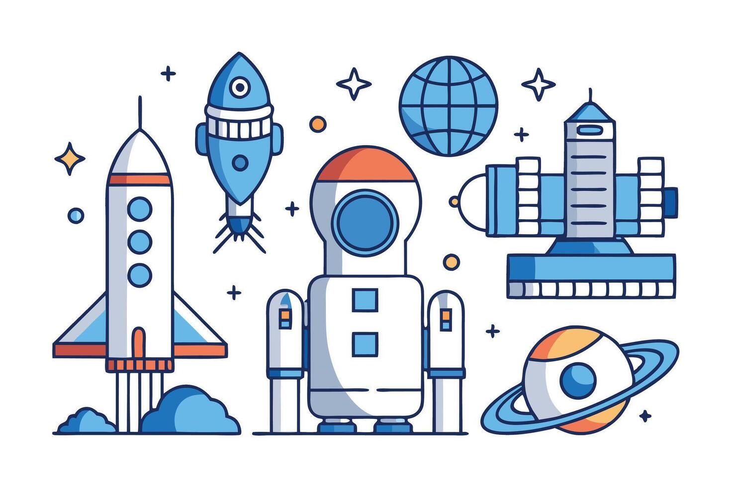 Space exploration illustration featuring rockets, satellites, astronaut, and planets in a modern cartoon style vector