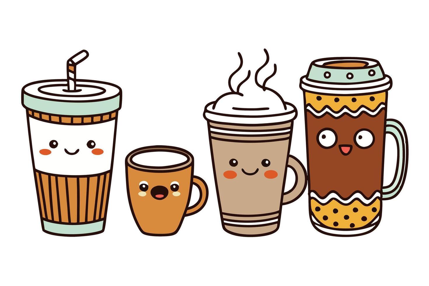 Cartoon style coffee mugs with different designs and expressions, ideal for kids themes, cafe branding, or digital stickers vector