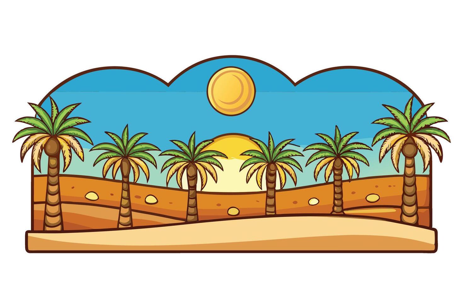 Scenic view of a tranquil desert landscape featuring date palm trees, crescent moon, and a serene starry night vector
