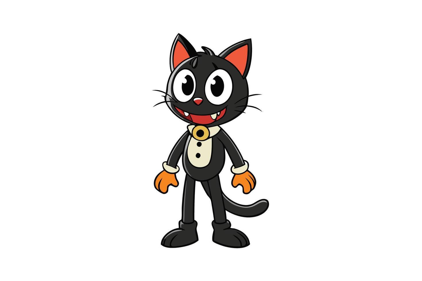 Cute Halloween black cat character standing with playful expression, orange gloves, and festive details in white background illustration vector