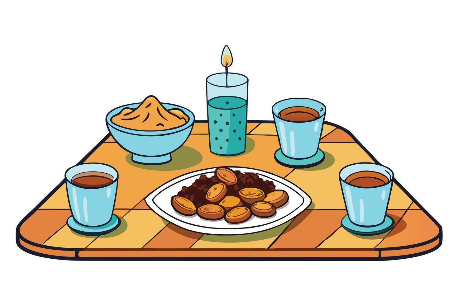 Ramadan Islamic Background featuring a vibrant Iftar table spread, showcasing delicious dates, drinks, and traditional food items vector