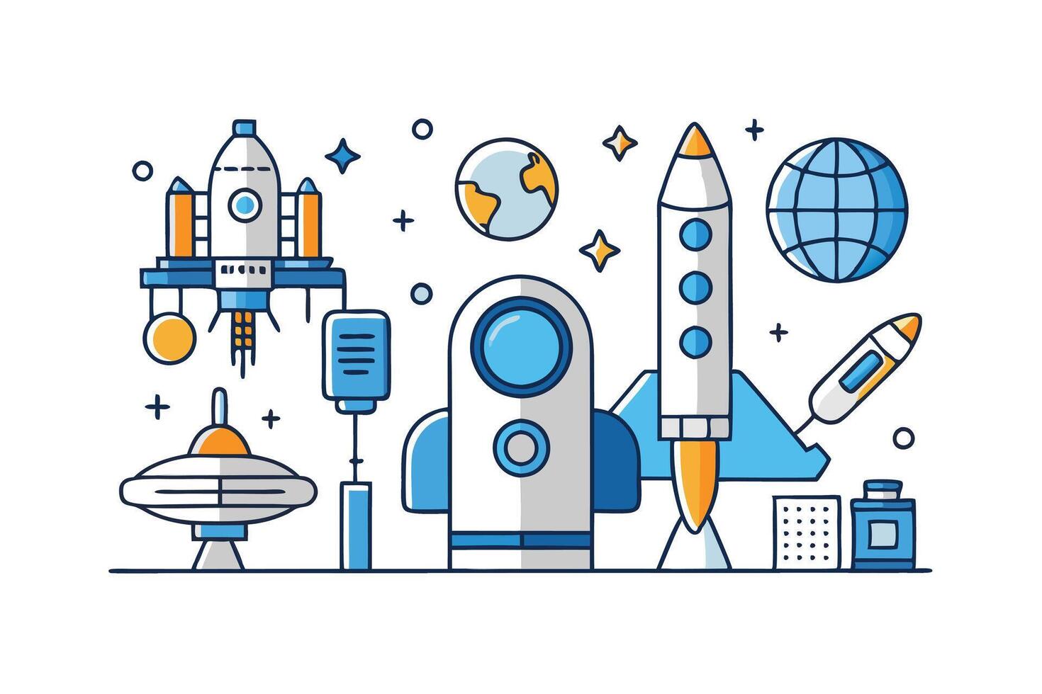 Creative space exploration artwork with rockets, astronaut, satellites, planets, and stars in vibrant modern style vector