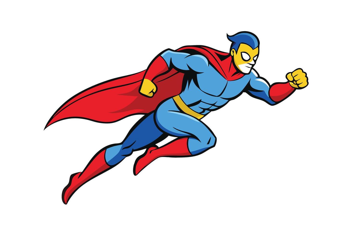 High energy superhero in action with bold red and blue suit, dynamic cape movement, and heroic expression in style vector