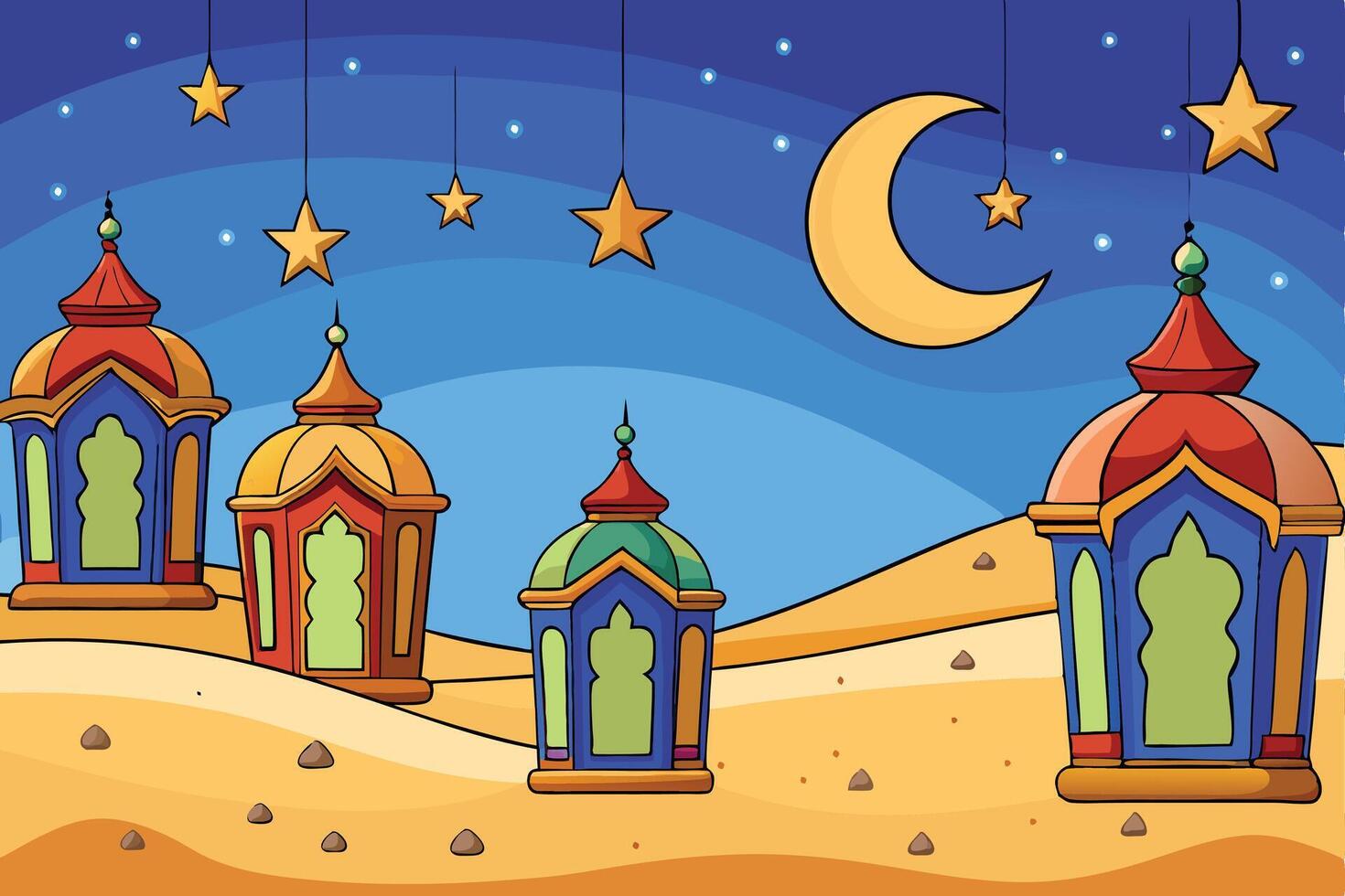 Ramadan Islamic Background Colorful Lanterns and Hanging Stars in a Calm Desert Under the Crescent Moon vector
