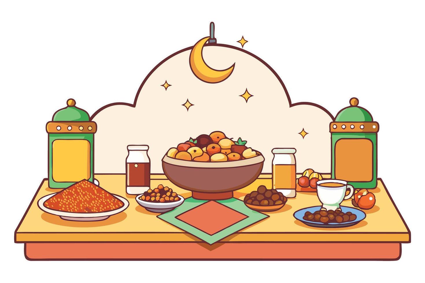 Festive Ramadan dining setup with various delicacies, lantern decorations, and warm tones evoking a sense of togetherness and joy vector