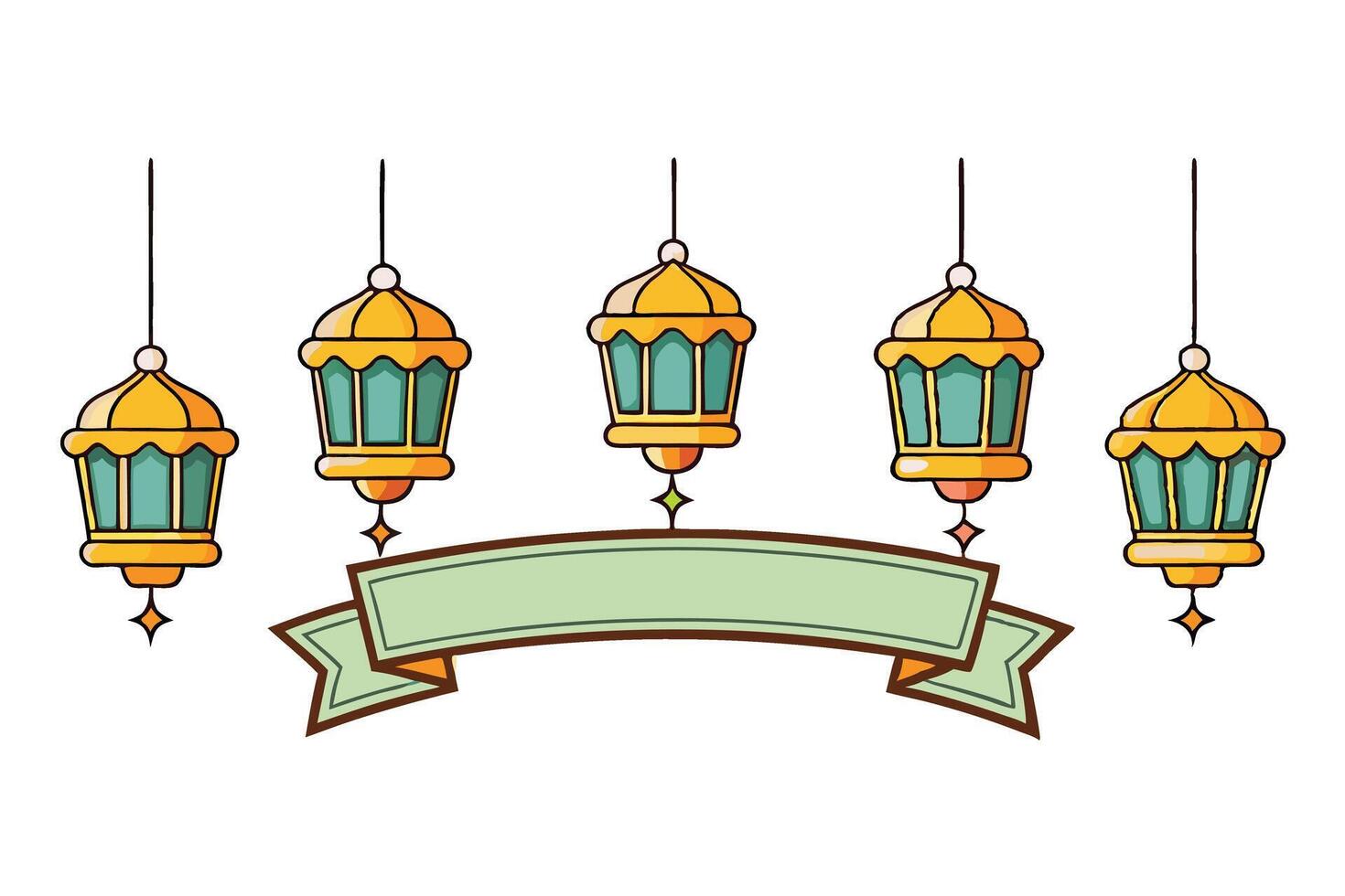 Ramadan Islamic Background with Colorful Lanterns and Decorative Banners Hanging on a White Minimalistic Illustration Design vector