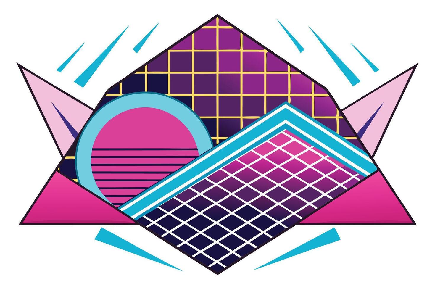 Vibrant geometric illustration inspired by 1980s retro futurism, featuring bold shapes, neon colors, and grid patterns for creative projects vector
