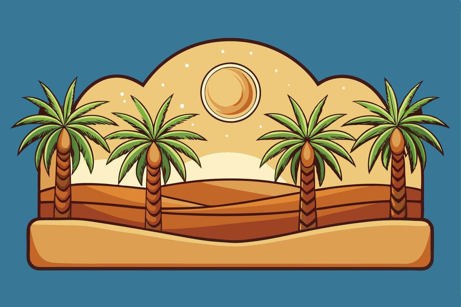 Beautiful date palm trees in a sandy desert illuminated by the soft light of a crescent moon during a tranquil night vector