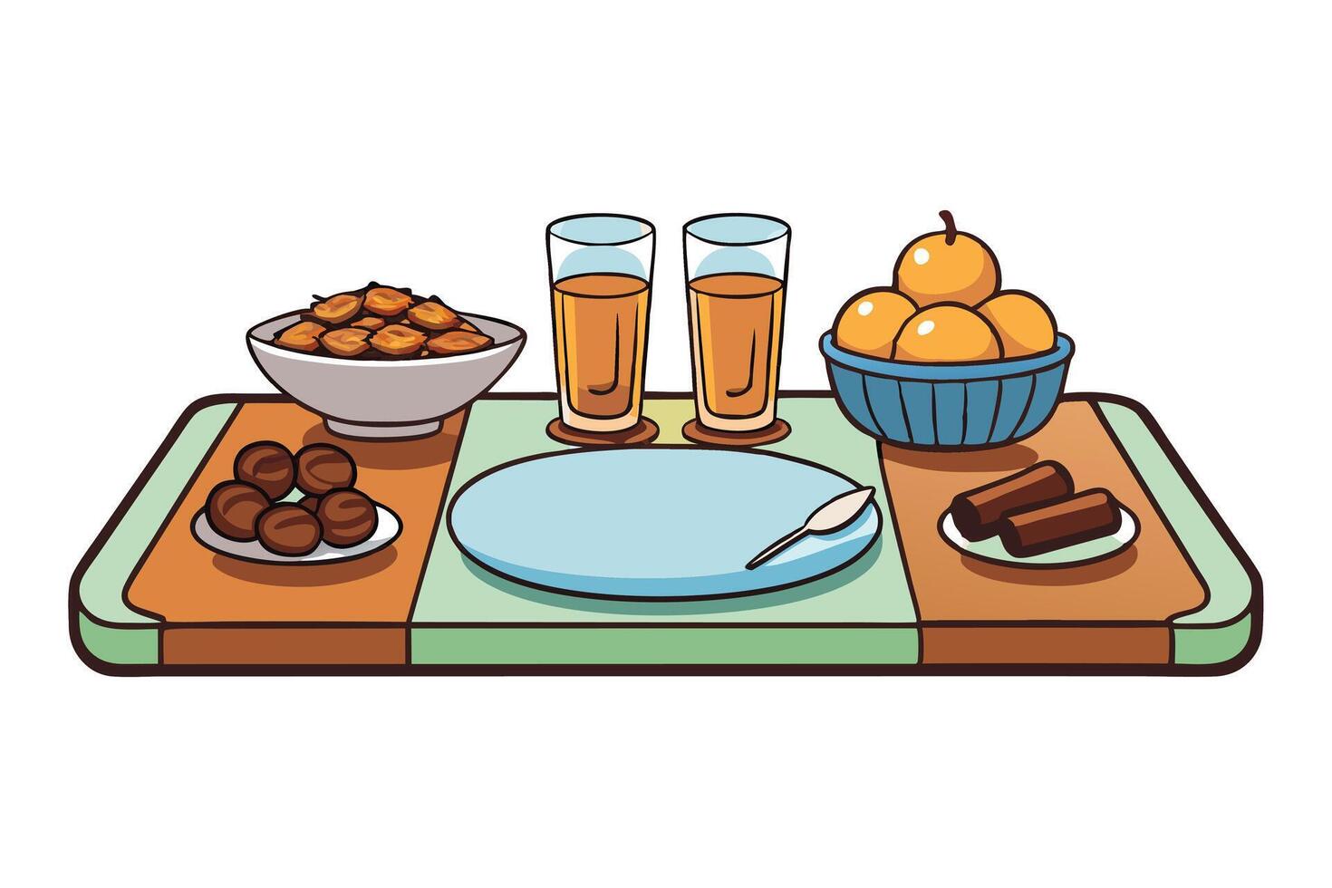 Ramadan Islamic Background with a traditional Iftar table set with dates, fruits, juices, and sweets, perfect for festive celebrations vector