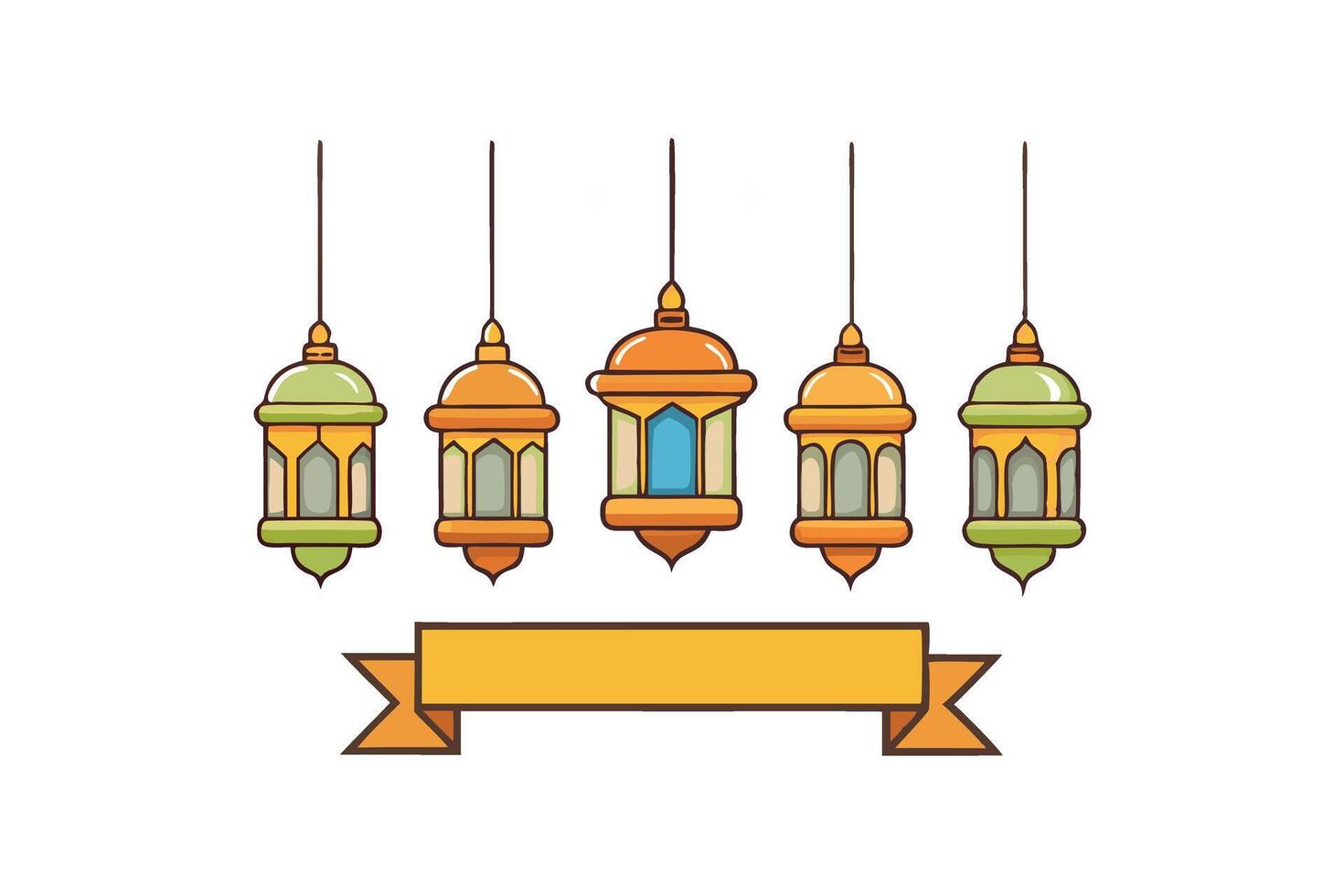 Minimalistic Ramadan Islamic Background with Vibrant Hanging Lanterns and a Central Space for Text or Personalization vector