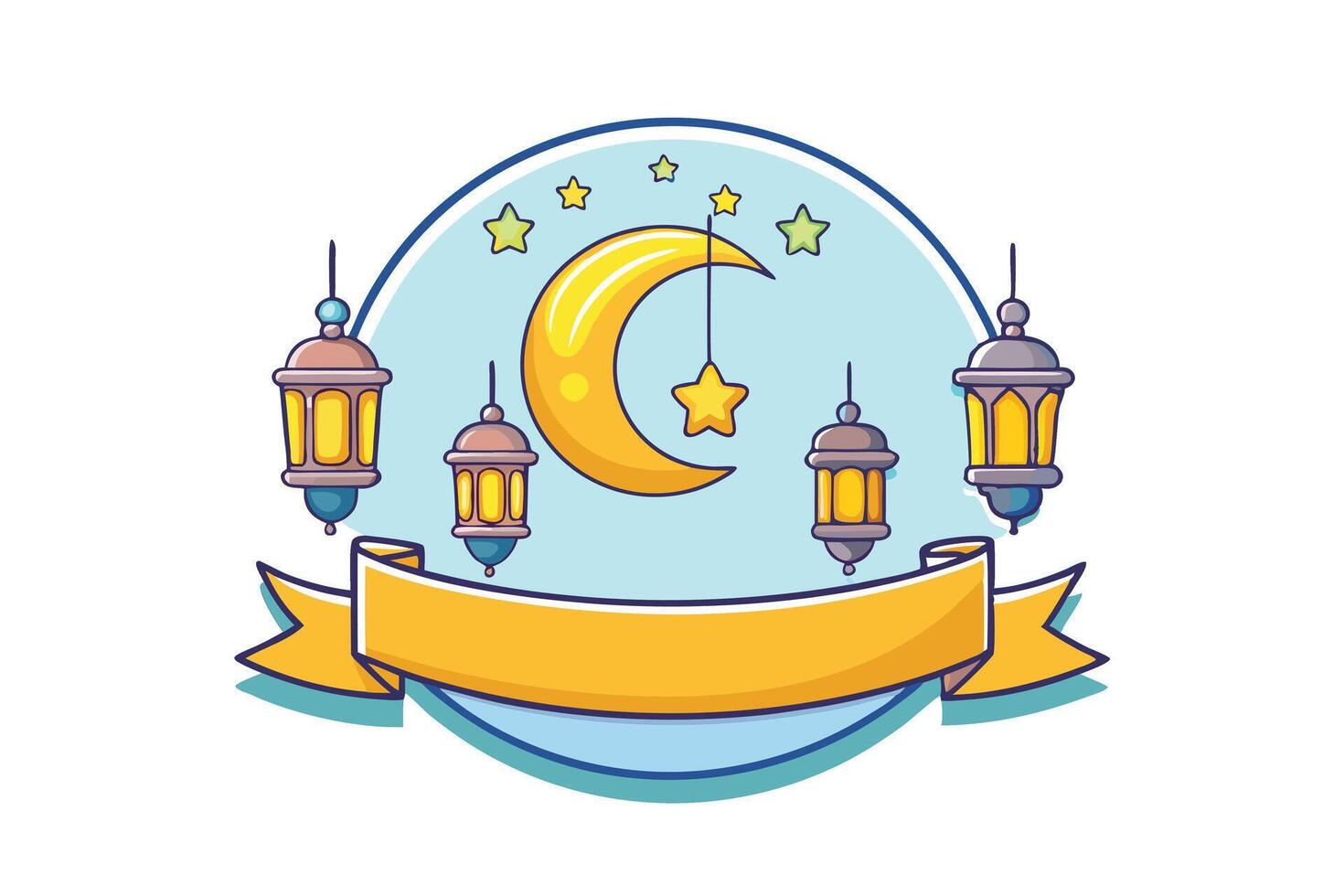 A minimalist Ramadan Islamic Background showcasing a crescent moon, lanterns, stars, and a banner for festive and cultural themes vector