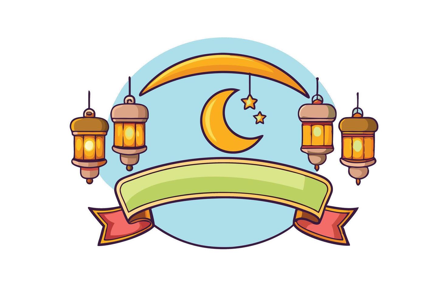 Illustration of a crescent moon and hanging lanterns with stars and a banner, ideal for Ramadan Islamic Background celebration designs vector