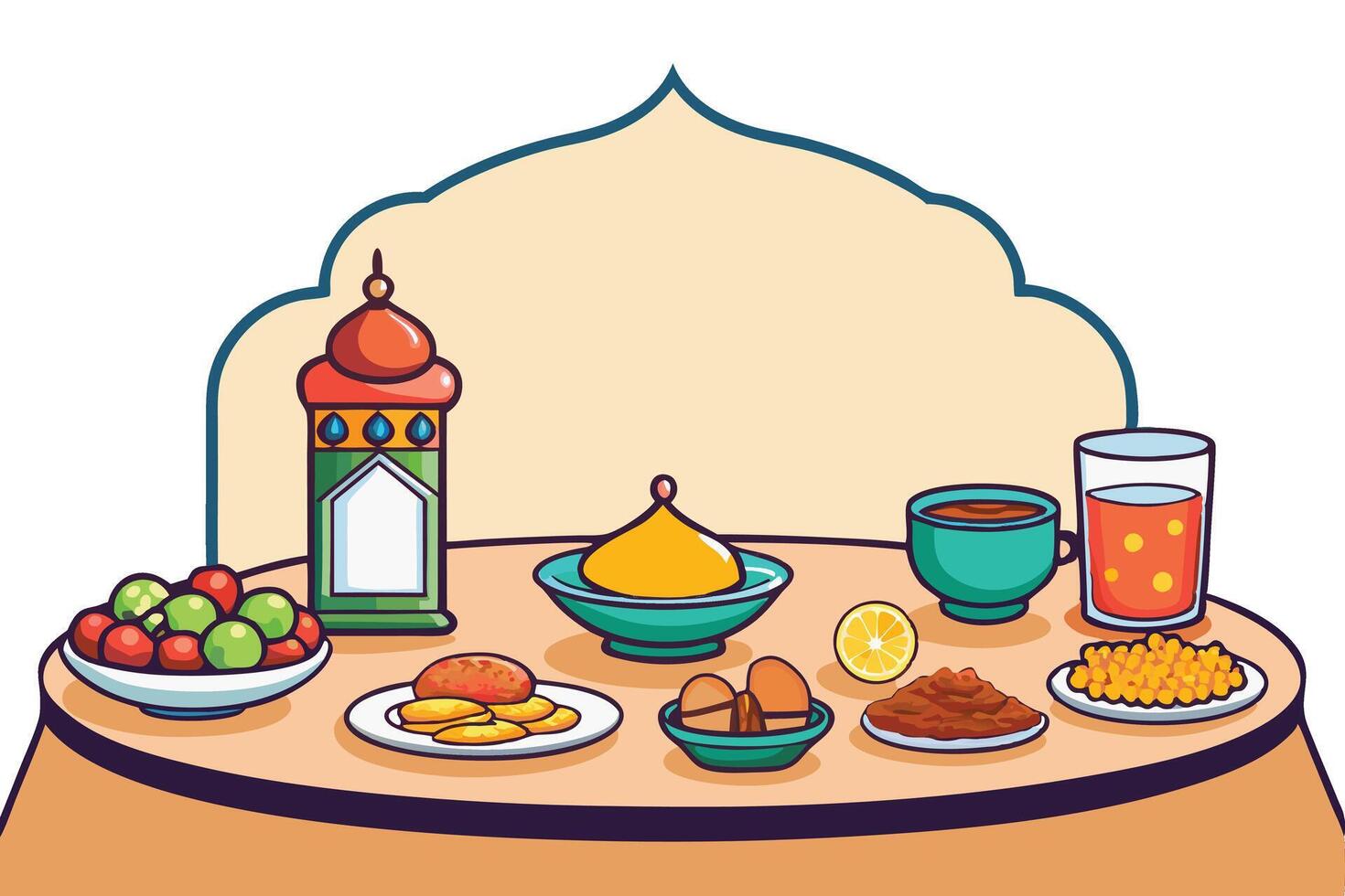 Vibrant illustration of an iftar table with traditional foods, decorative lanterns, and space for text, ideal for Ramadan themed designs vector