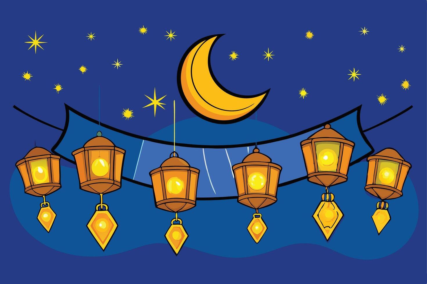 Ramadan Islamic Background Decorative Banner with Crescent Moon, Lanterns, and Stars Symbolizing Ramadan and Eid Festivities vector