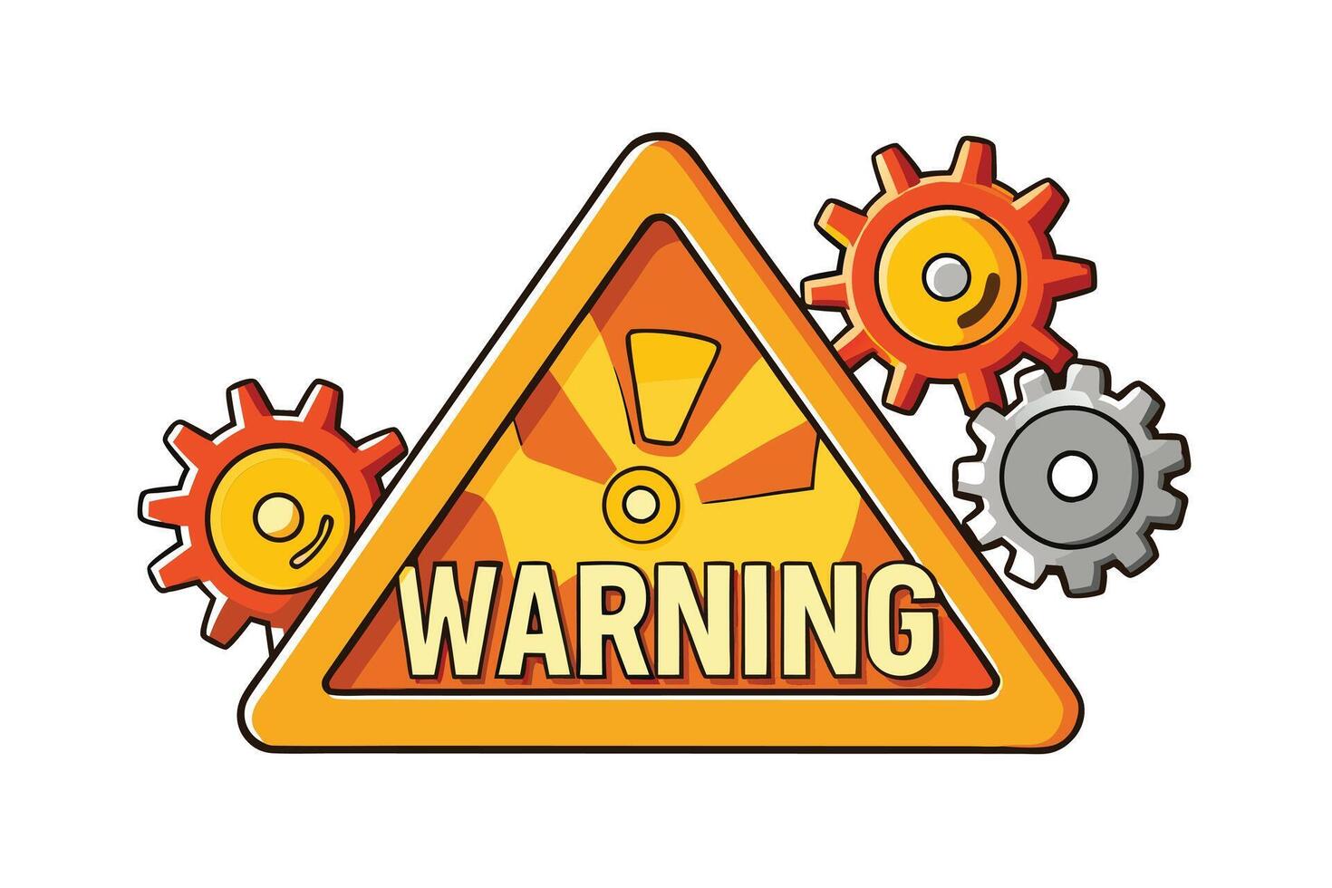 Illustrated triangular warning icons with gear symbols, vibrant colors, and bold 'Warning' text, indicating mechanical hazard and caution vector
