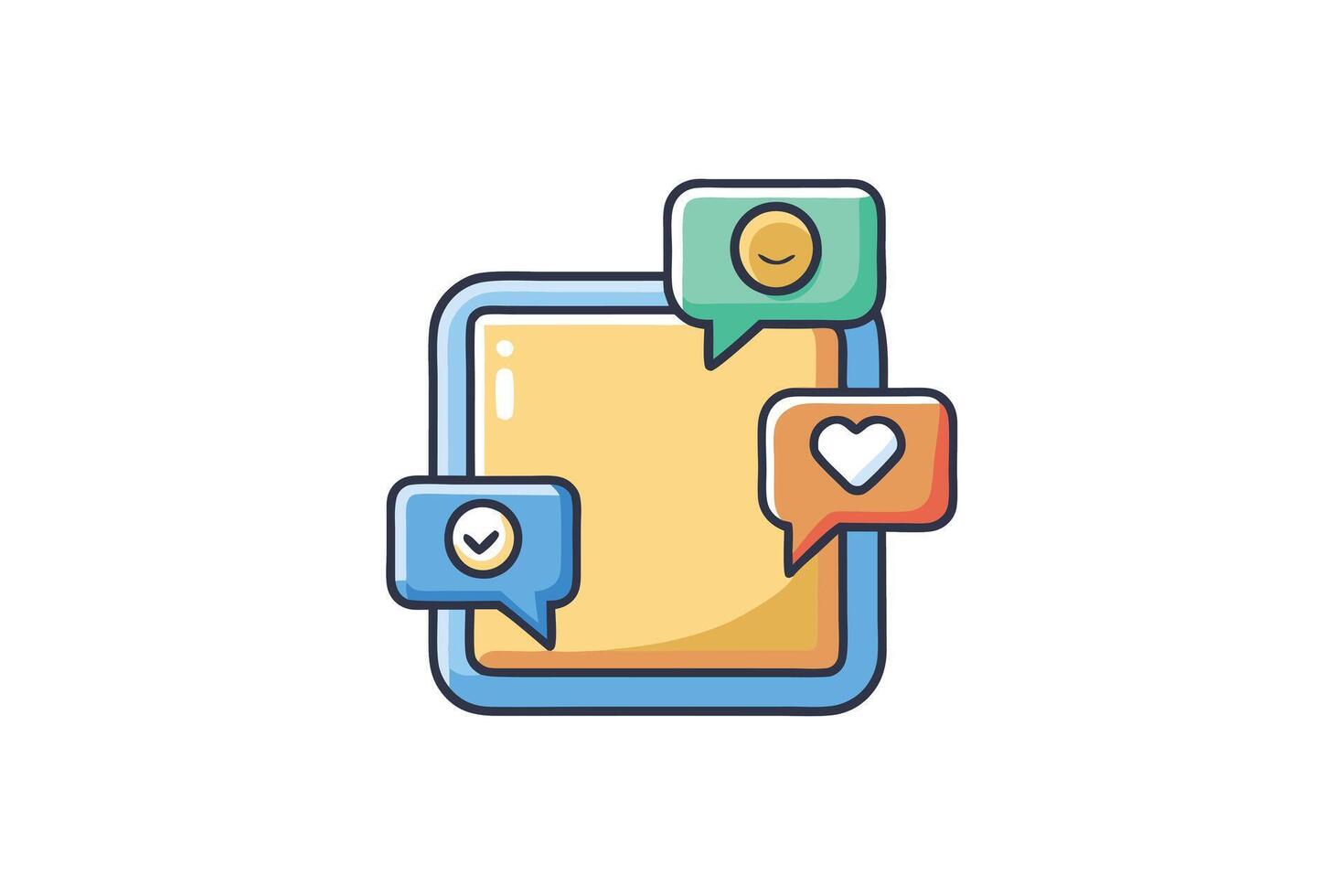 Minimalist illustration of a social media notification box featuring speech bubbles and vibrant heart emojis vector
