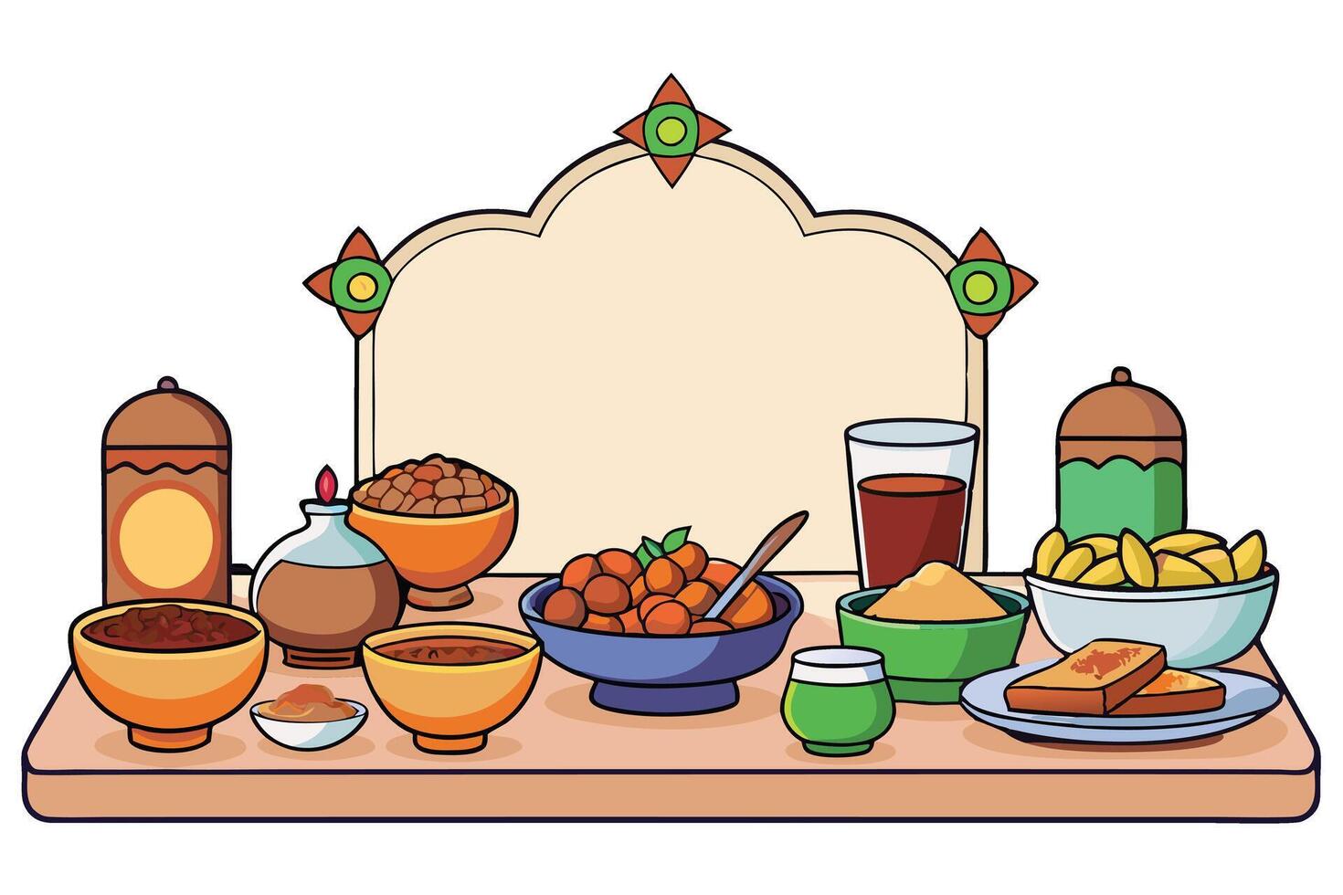 Ramadan feast illustration featuring traditional dishes and beverages, vibrant decor, and an inviting layout perfect for celebration themes vector