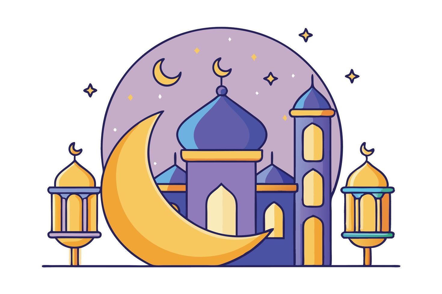 Stylized Ramadan Islamic Background with a crescent moon, mosque, and decorative lanterns, ideal for celebrating the spirit of Ramadan. vector