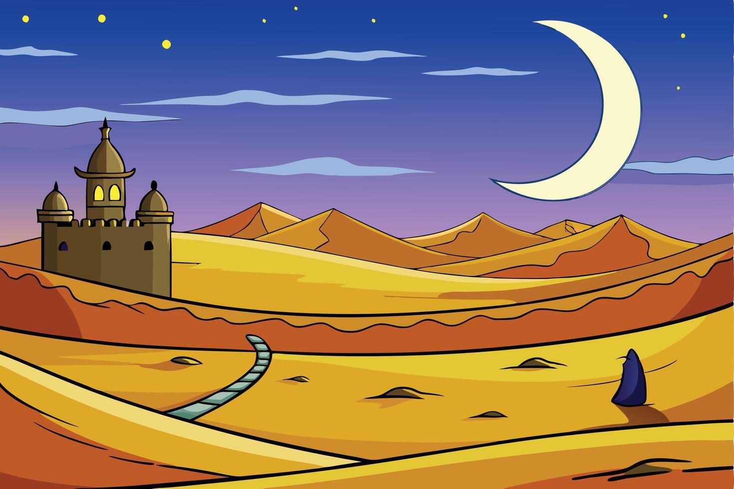 Illustration of a crescent moon above a desert with dunes and a mosque, creating a peaceful Ramadan Islamic Background scene vector