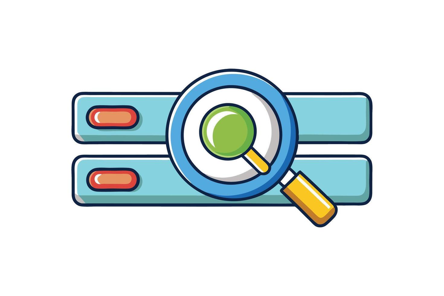 Bright and playful magnifying glass with a search bar, perfect for web interfaces, user experience design, and tech branding vector