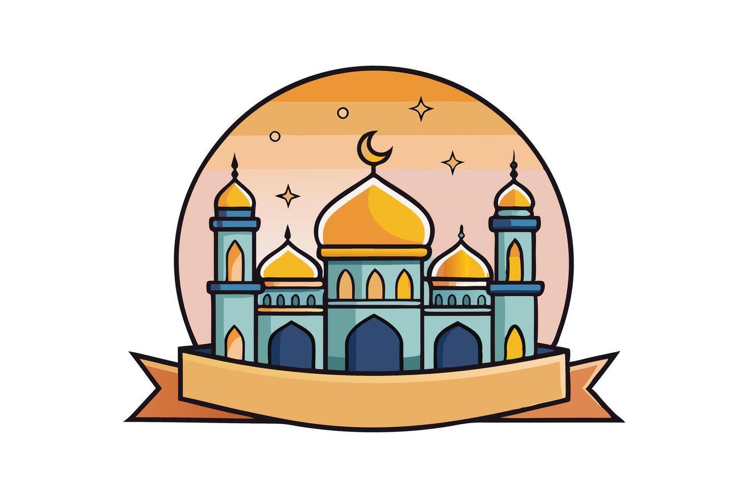 Stunning Islamic architecture with crescent moons and stars, featuring mosque domes at dawn on a decorative banner vector