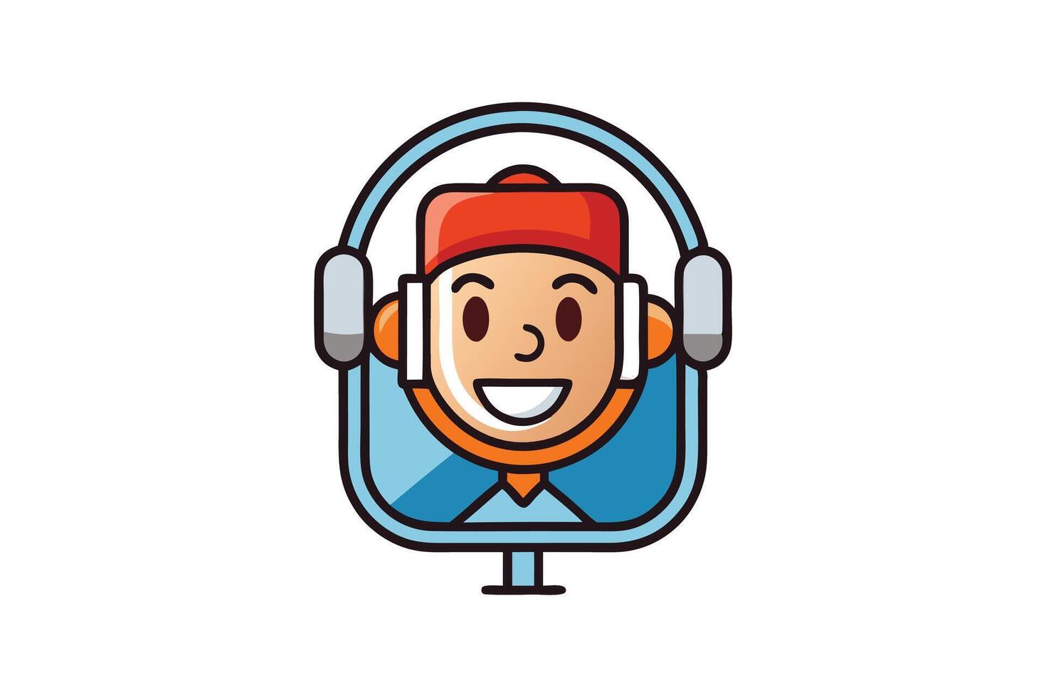Cartoon style podcast icon featuring a smiling character wearing headphones, perfect for podcasting or broadcasting themes vector