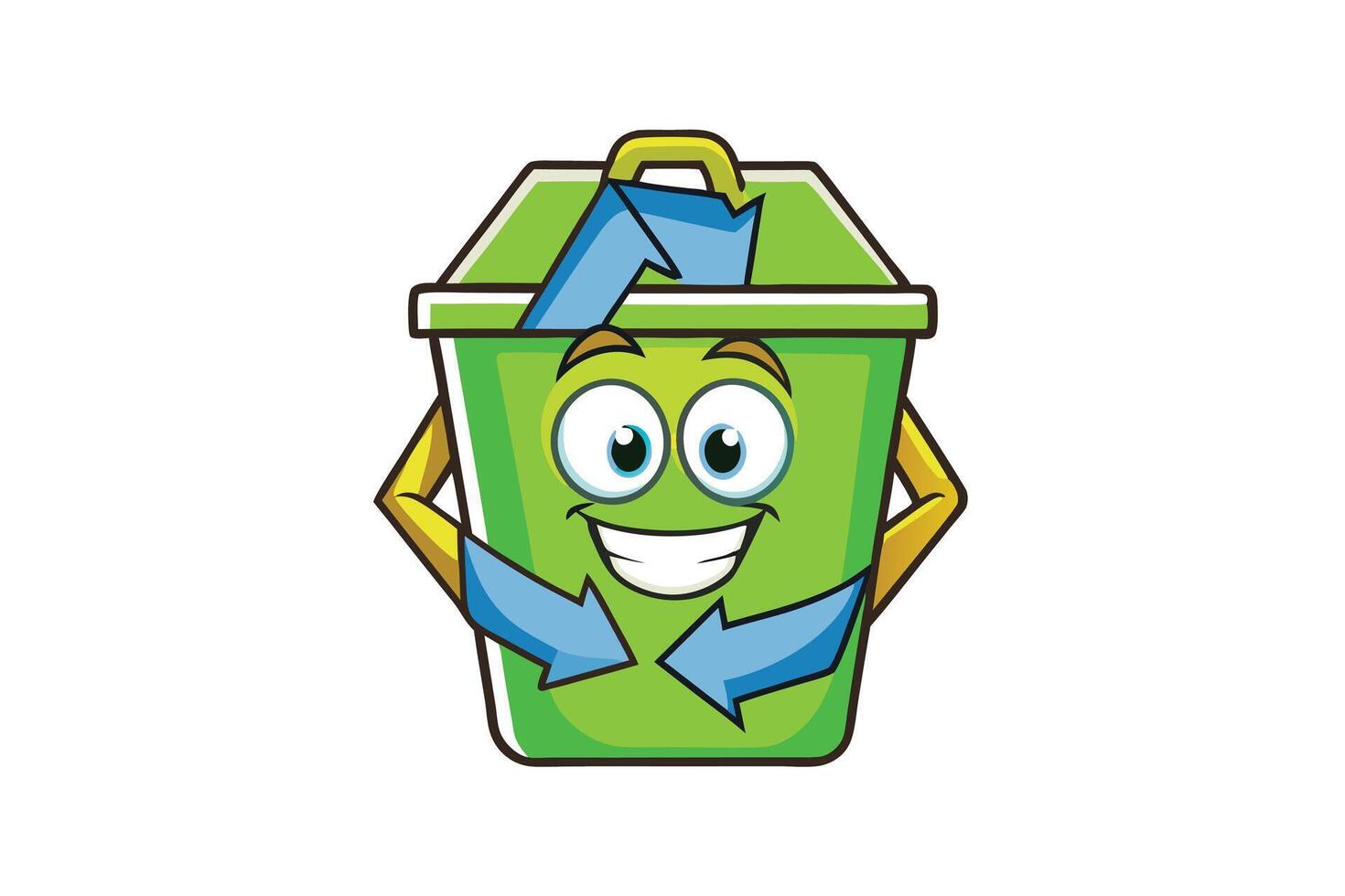Cartoon recycling bin illustration with a smiling face, surrounded by green arrows symbolizing eco friendly recycling and waste management vector