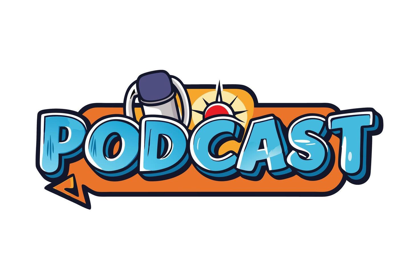 Modern podcast logo with a graphic microphone, headphone details, and bright typography, ideal for broadcasting and streaming visuals vector