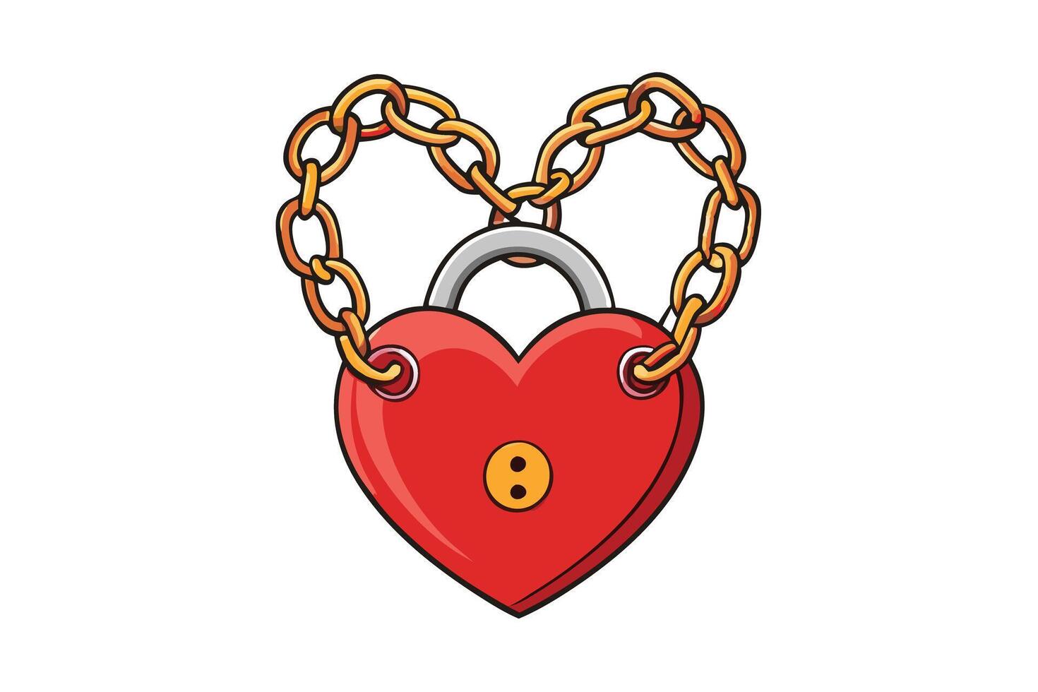 Cartoon style red heart padlock with chain, representing romantic themes, loyalty, and protection in a playful and creative illustration vector