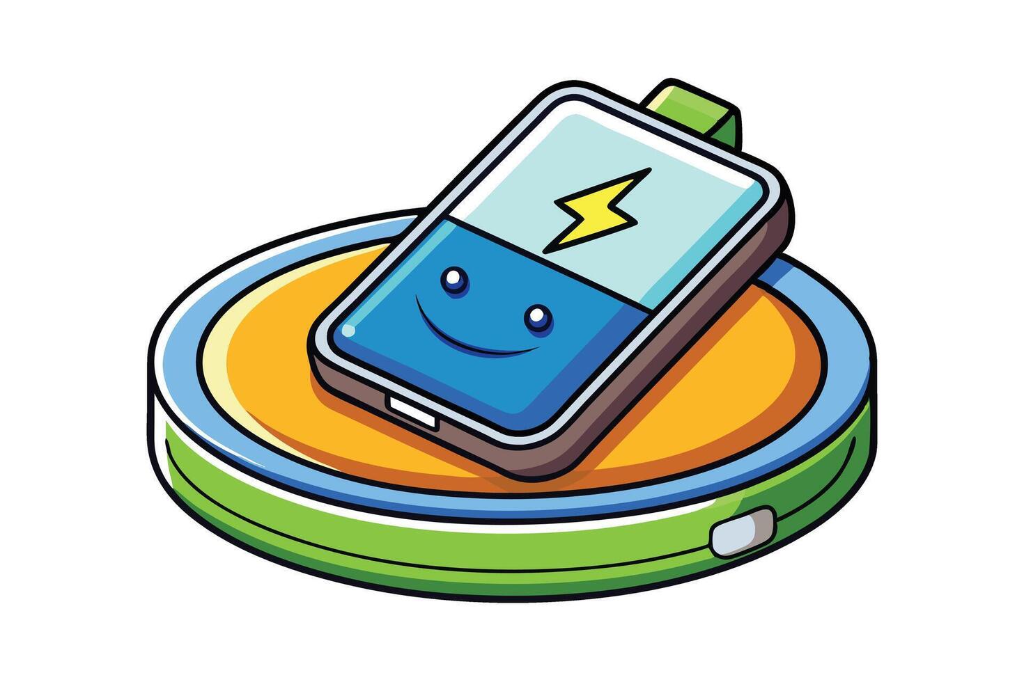 Illustrated wireless charging concept with playful cartoon style smartphones, charging pads, and energy indicators in bright colors vector