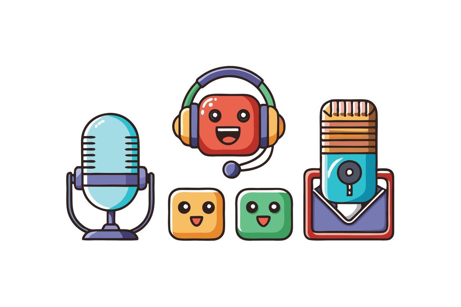 Vibrant podcast and audio broadcasting icon set with playful elements like smiling faces, modern gadgets, and microphones vector