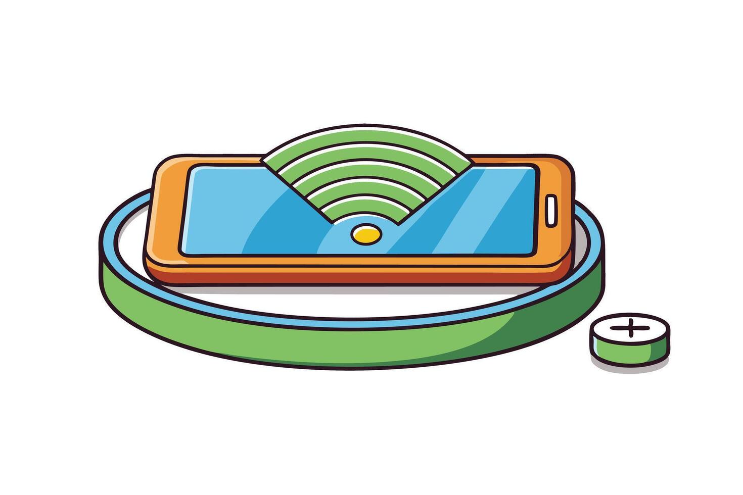 Colorful cartoon style wireless charging icons featuring smartphones on charging pads with vibrant designs and energy symbols vector